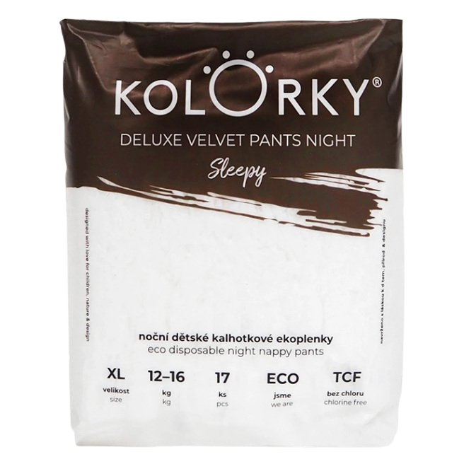 KOLORKY Deluxe Velvet nočné nohavičkové plienky XL (12-16 kg) 17 kusov