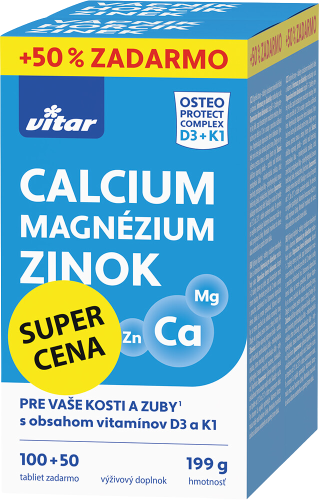 Vitar Calcium + Magnézium + Zinok + vitamíny D3 a K1 150 tabliet