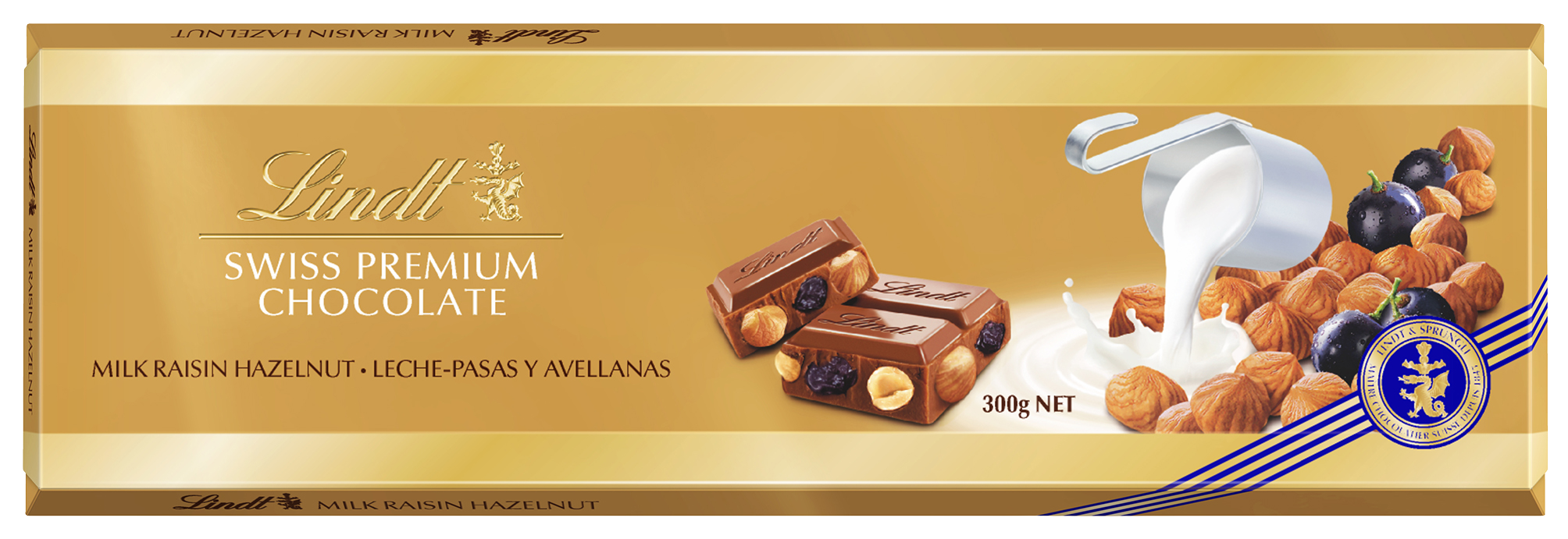 LINDT Gold Tablet Švýcarská mléčná čokoláda s rozinkami 300 g