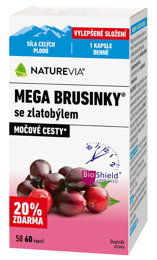 NatureVia Mega Brusinky se zlatobýlem kapsuly pre zdravie močových ciest 60 cps