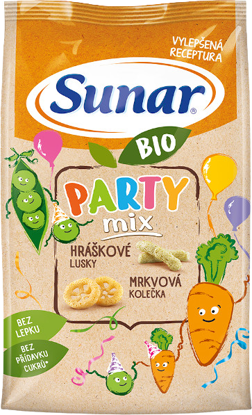 Sunar BIO Party mix, hráškové a mrkvové detské chrumky 45 g