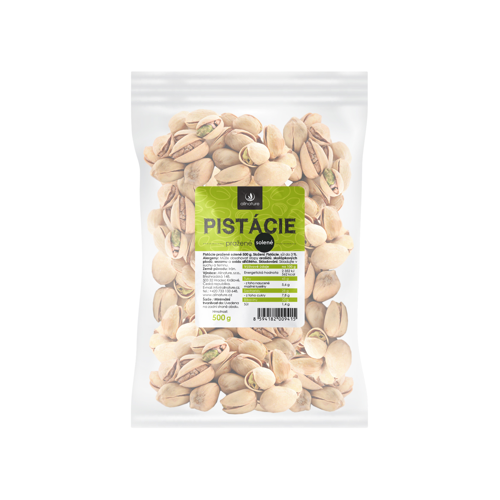 Allnature Pistácie pražené solené orechy pražené solené 500 g