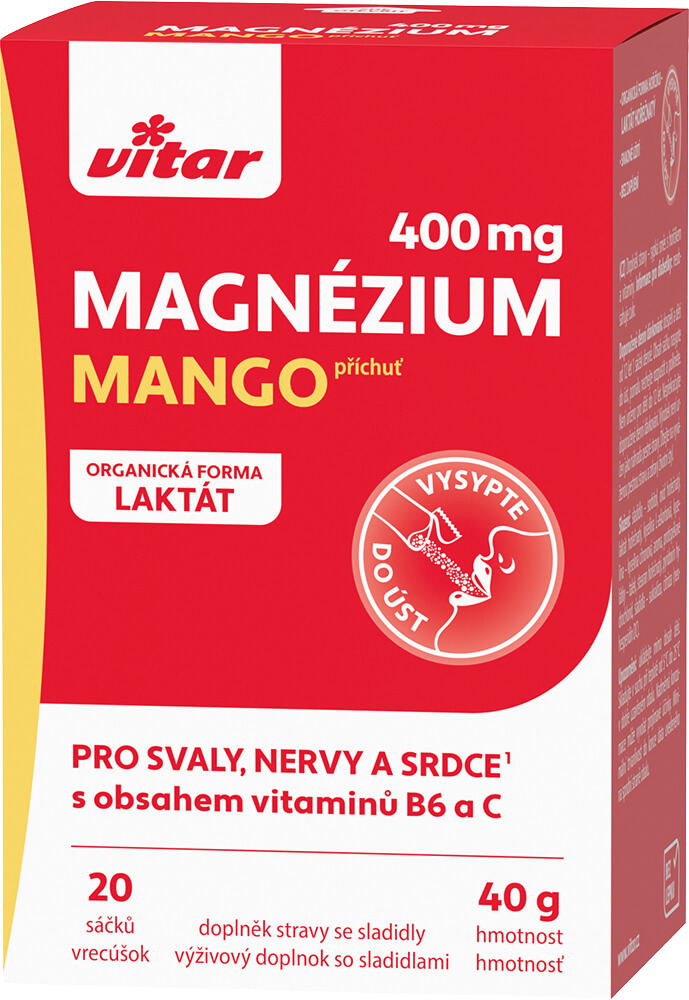VITAR Magnézium 400 mg + vitamín B6 + vitamín C s príchuťou mango 20 sáčkov kúpite na Pilulka.sk