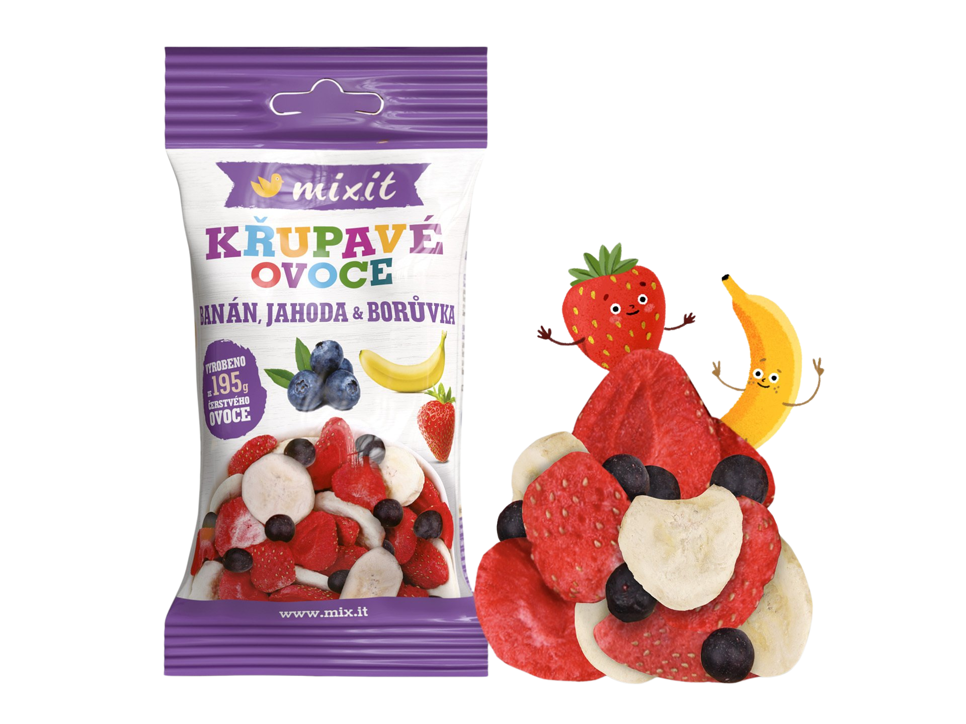 MIXIT Chrumkavé ovocie do vrecka - Chrumkavý banán, jahoda, čučoriedka 5 ks