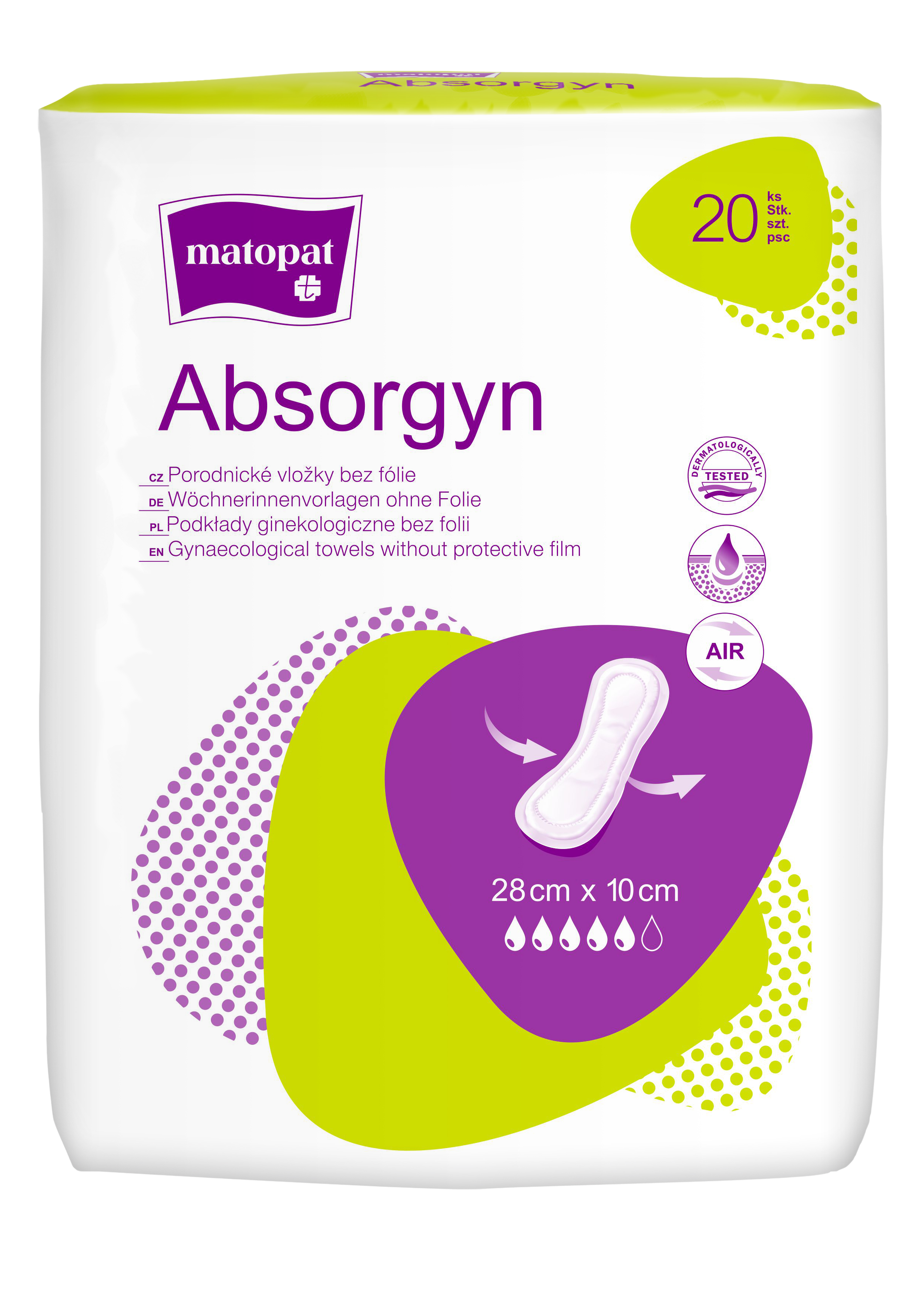 ABSORGYN popôrodné gynekologické vložky bez fólie 28 cm x 10 cm, 20 ks