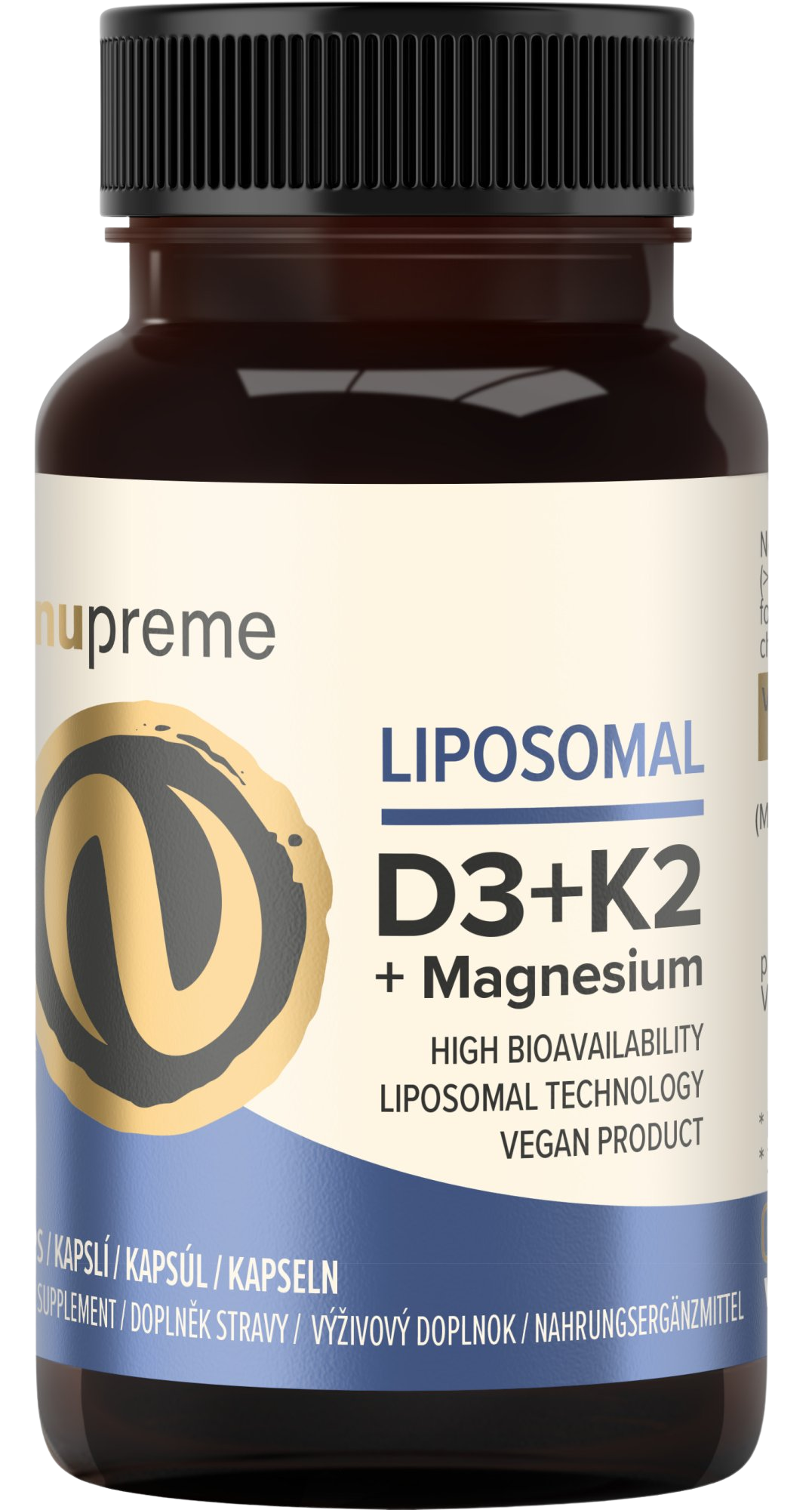Nupreme Liposomal D3 + K2 + Magnesium kapsuly pre normálnu funkciu imunitného systému, stav kostí, zubov a činnosť svalov 30 cps