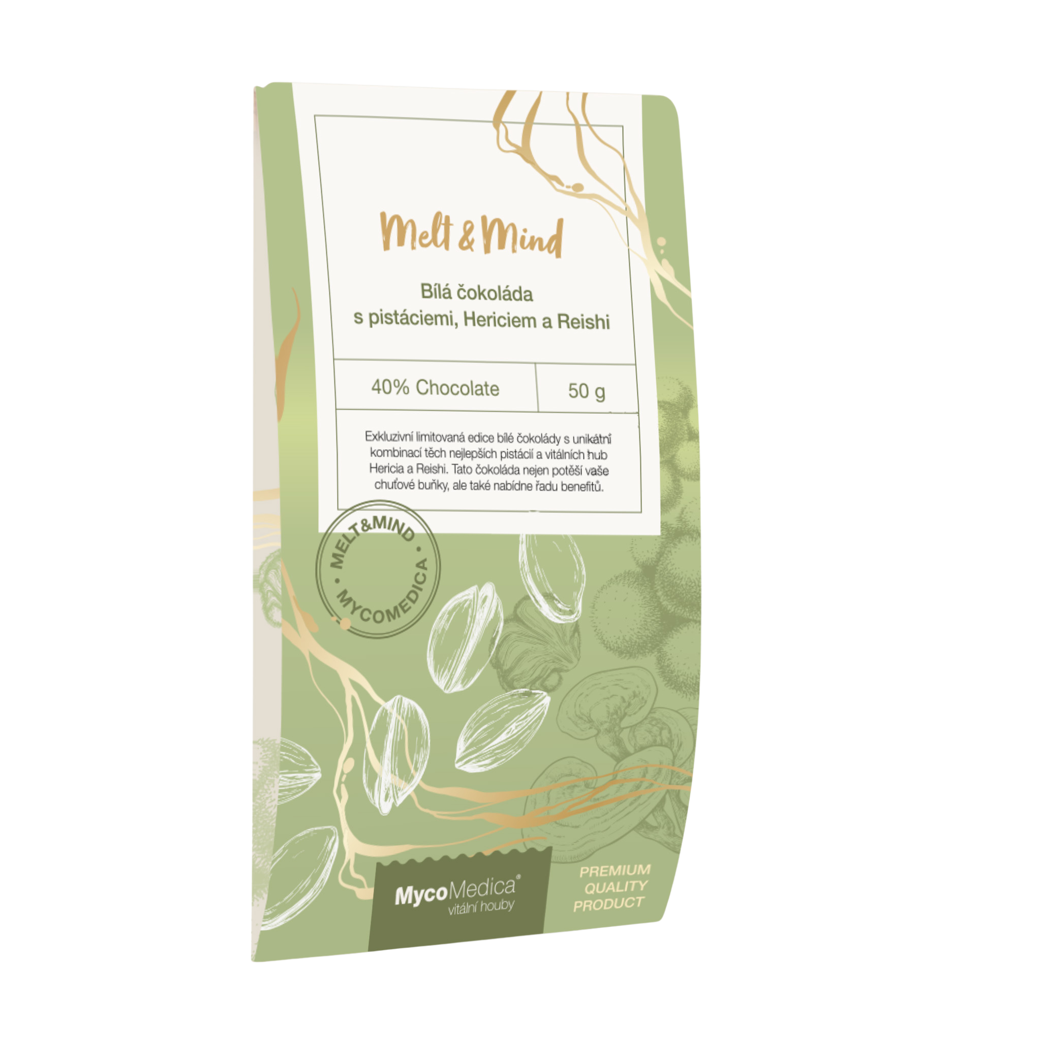 MYCOMEDICA Bílá čokoláda s pistáciemi, Hericiem a Reishi 50 g