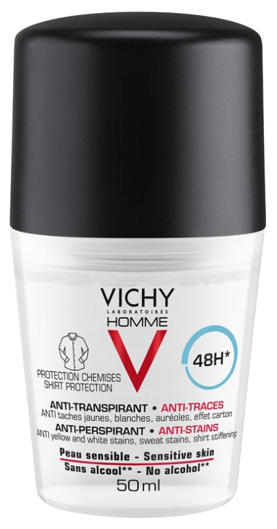 VICHY Homme Deo roll-on proti škvrnám 48H antiperspirant na citlivú pokožku 50 ml kúpite na Pilulka.sk