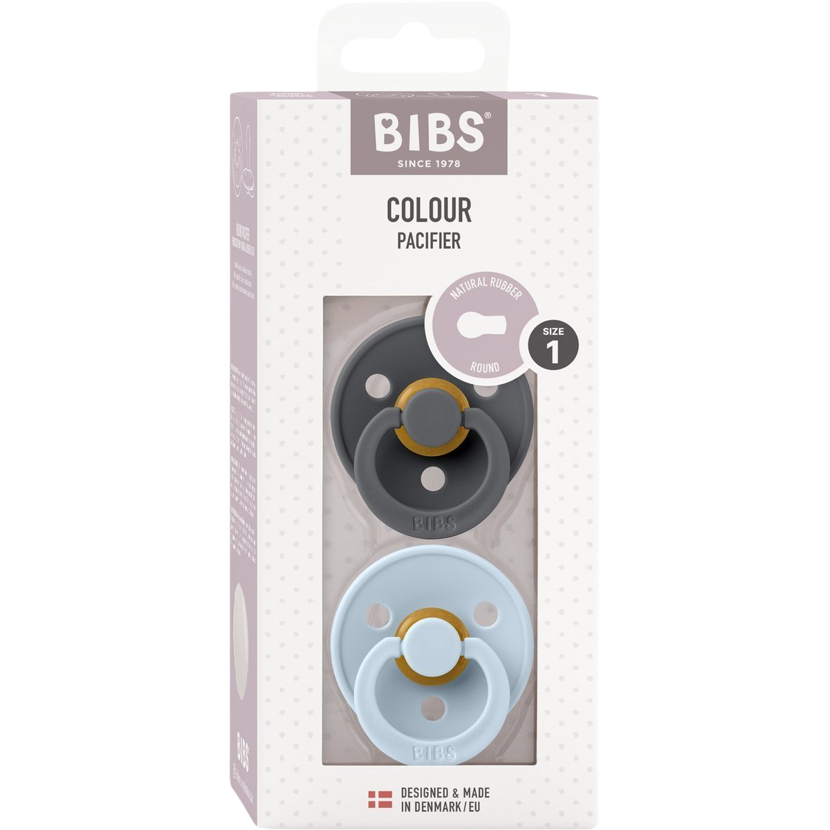 BIBS Colour Cumlíky z prírodného kaučuku - veľkosť 1 Iron/Baby Blue, 2 ks