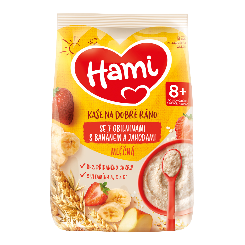 HAMI Mliečna kaša so 7 obilninami s banánom a jahodami na Dobré ráno 8m+ 210 g kúpite na Pilulka.sk