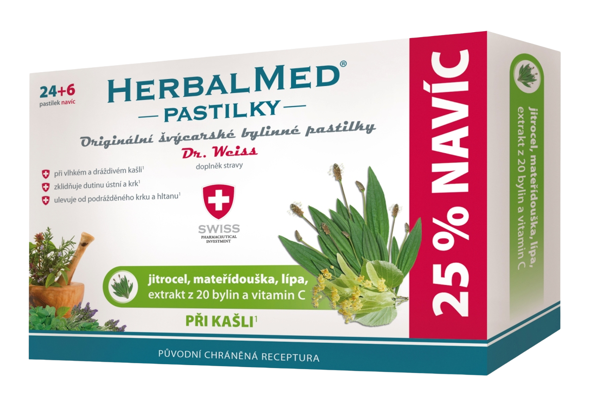 Dr.Weiss HerbalMed pastilky Skorocel + materina dúška + lipa + vitamín C pastilky na podporu zdravia dýchacích ciest 30 tbl kúpite na Pilulka.sk