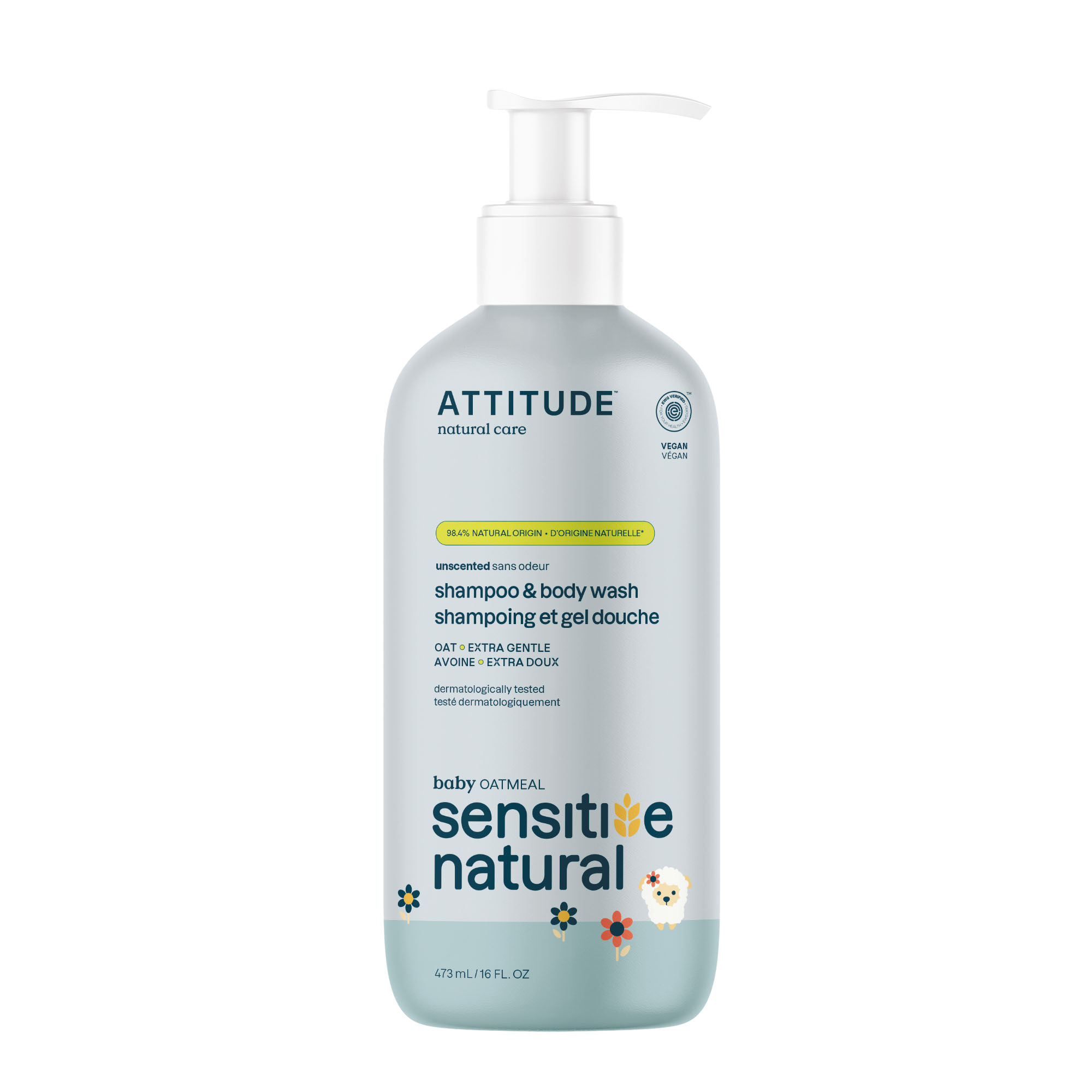 ATTITUDE 2v1 detské telové mydlo a šampón pre citlivú pokožku s ovsom, sensitive skin baby 473 ml