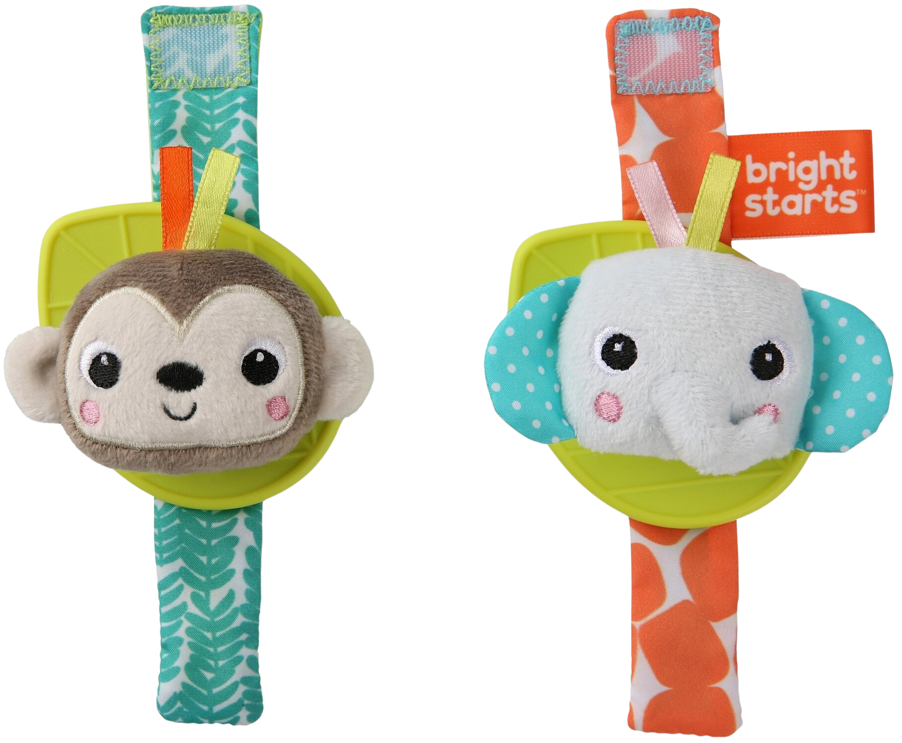 BRIGHT STARTS Hrkálka s hryzátkom na ruku opice/slon 0m+ 2 ks