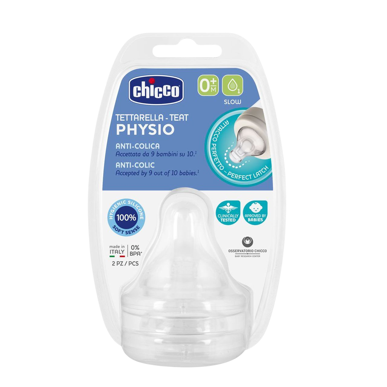 CHICCO Savička na láhev Perfect 5/Well-Being fyziologický pomalý průtok 0m+, 2 ks