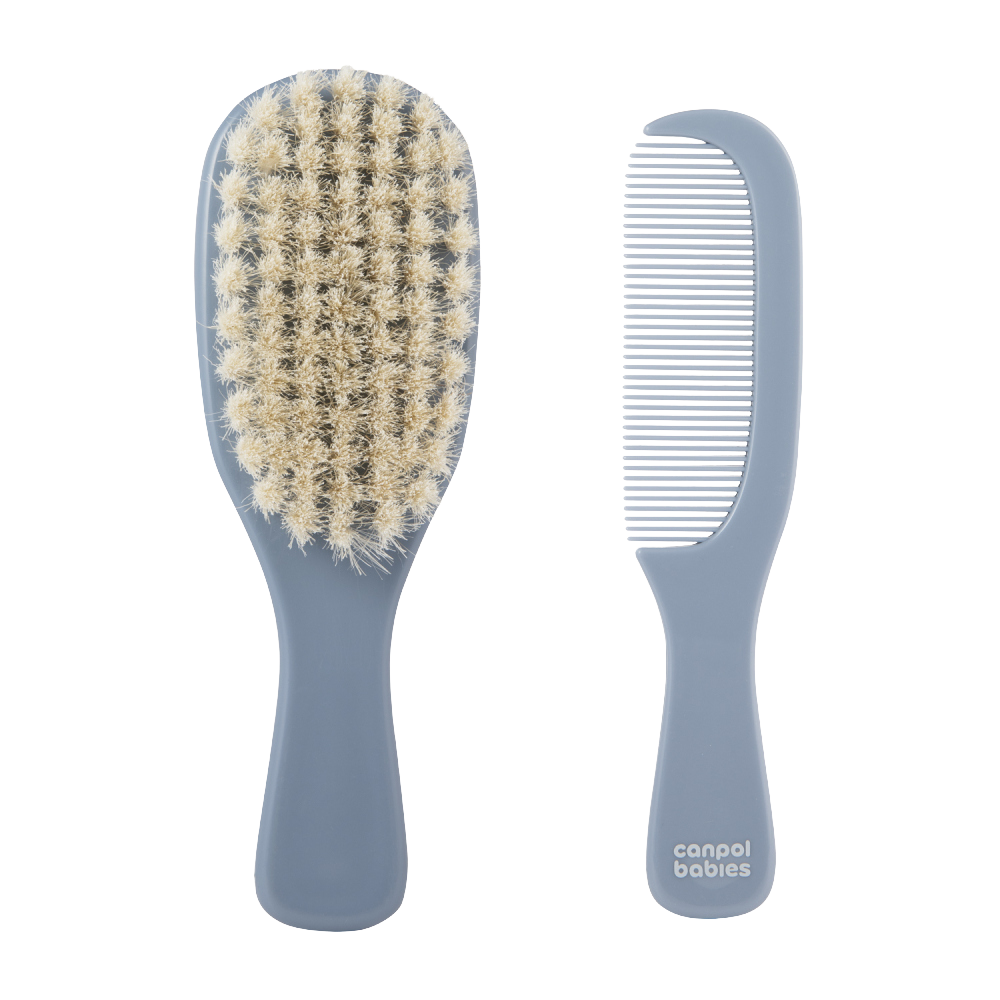 Fotografie CANPOL BABIES Hřeben a kartáč přírodní měkký GOLD modrý