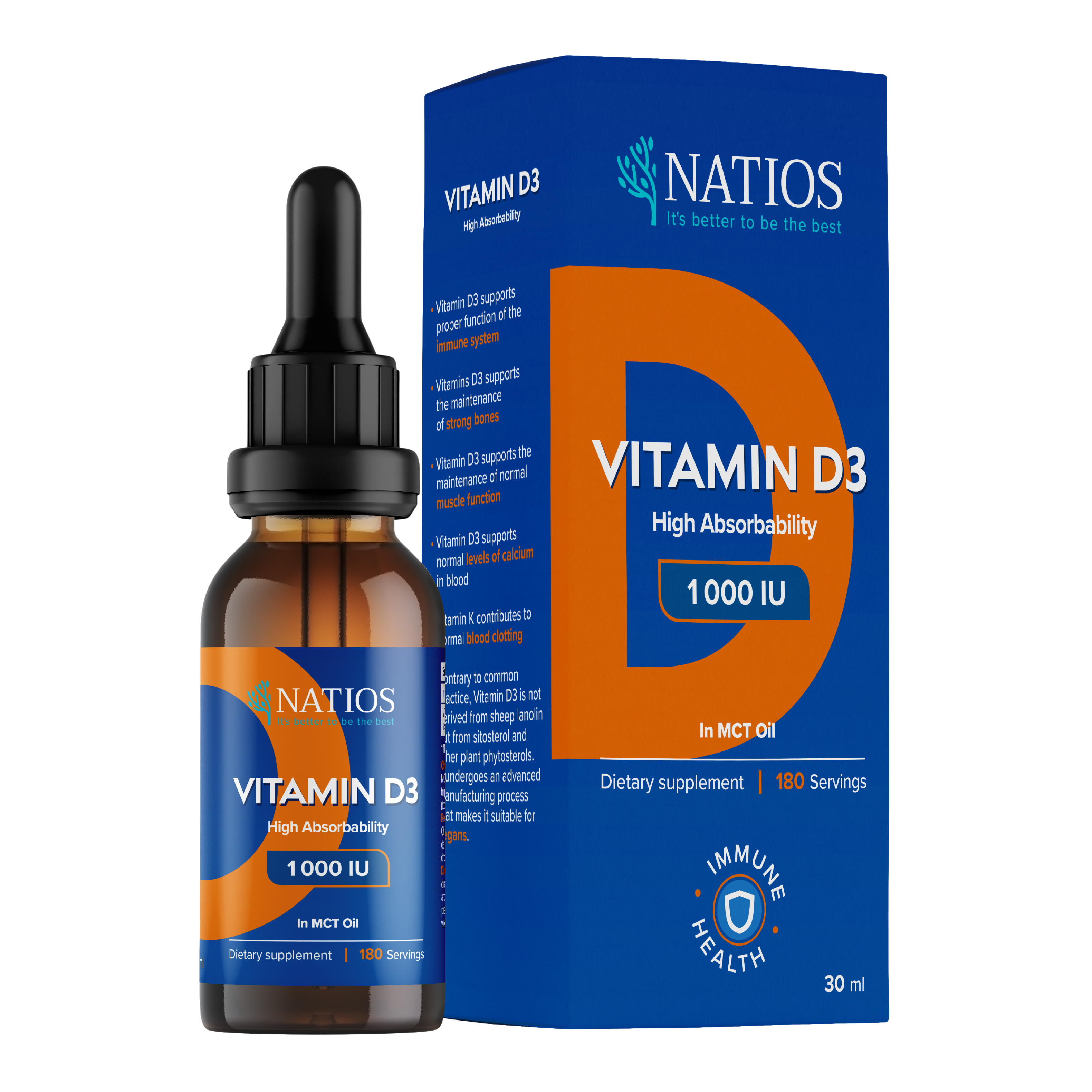 NATIOS Vegan Vitamin D3, 1000 IU, Kapky v MCT oleji 30 ml