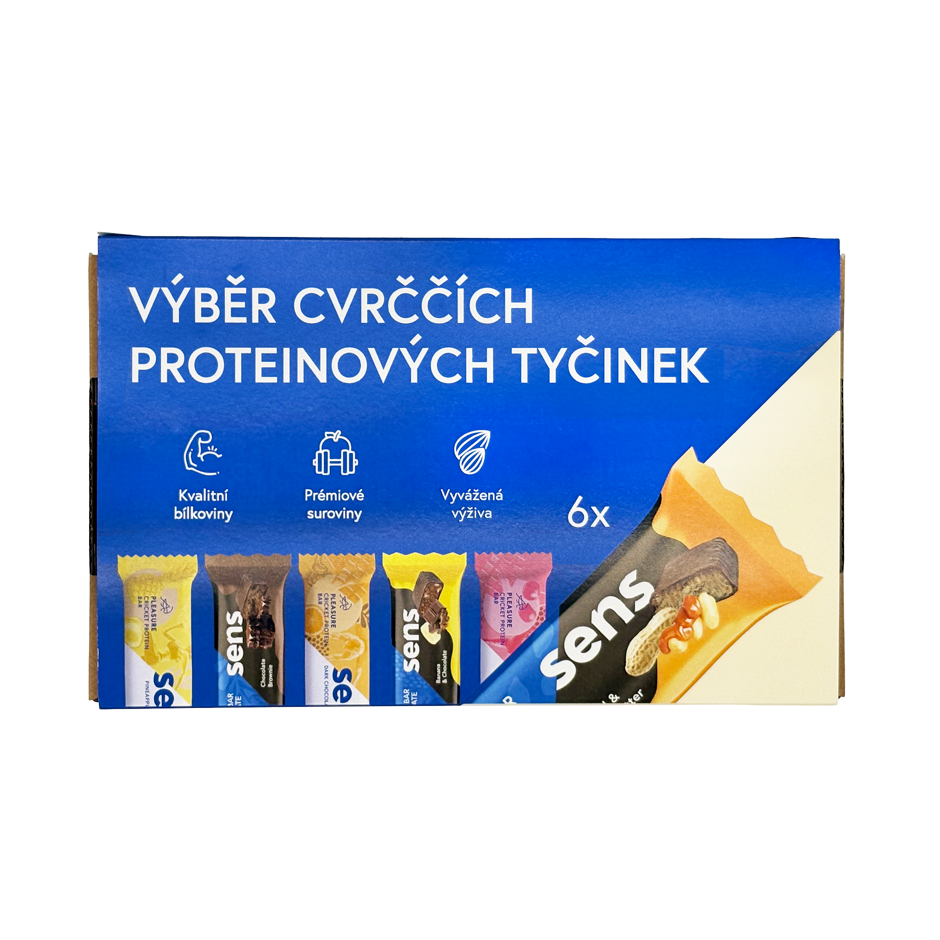 Fotografie SENS Cvrččí proteinové tyčinky v dárkovém balení - starter pack 6 tyčinek