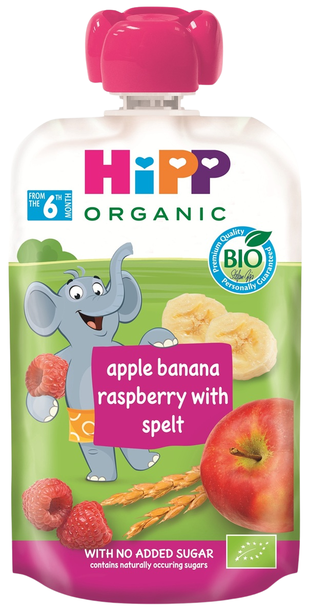 HIPP BIO Hippis 100% ovoce Jablko-Banán-Maliny-Špalda 100 g