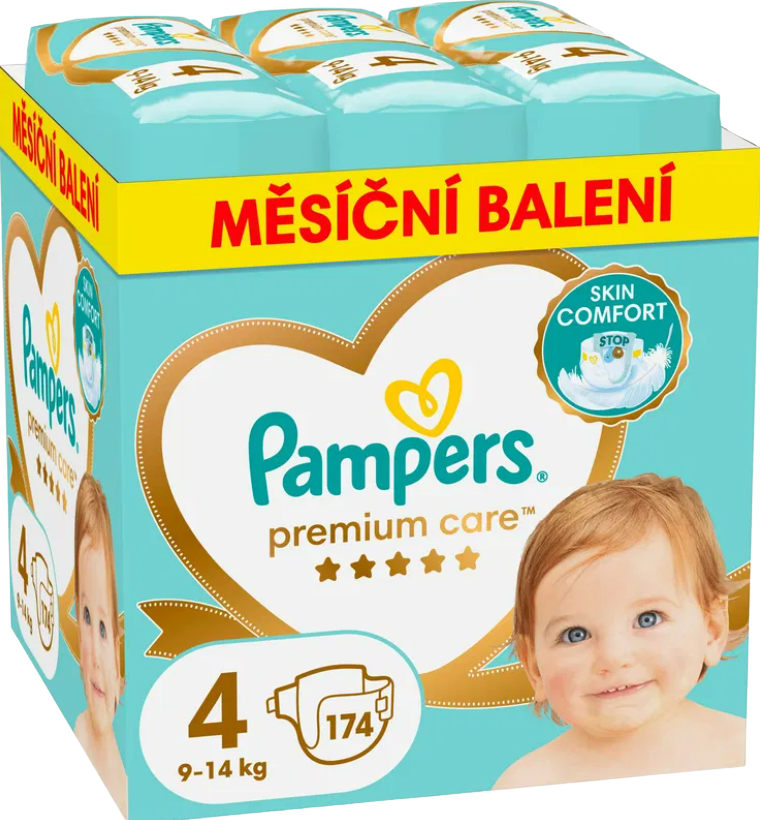 Fotografie Pampers Premium Care plenky vel. 4, 9-14 kg měsíční balení 174 ks