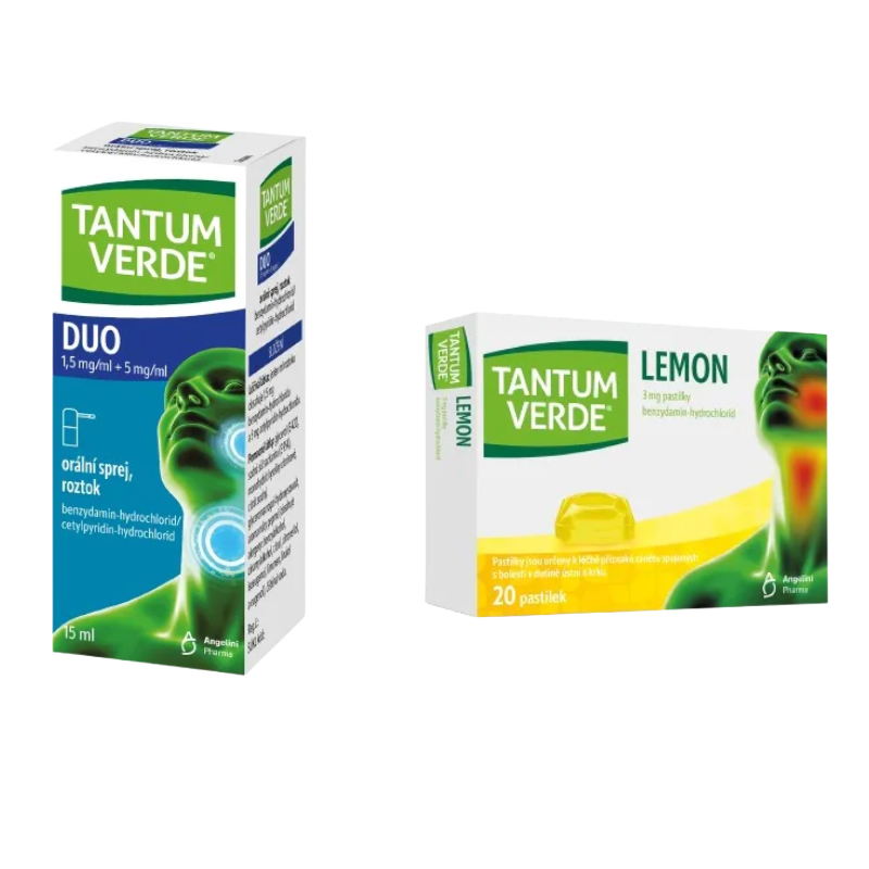 TANTUM VERDE DUO 1,5 mg/ml + 5 mg/ml orální sprej, roztok a Tantum Verde Lemon 3mg 20 pastilek