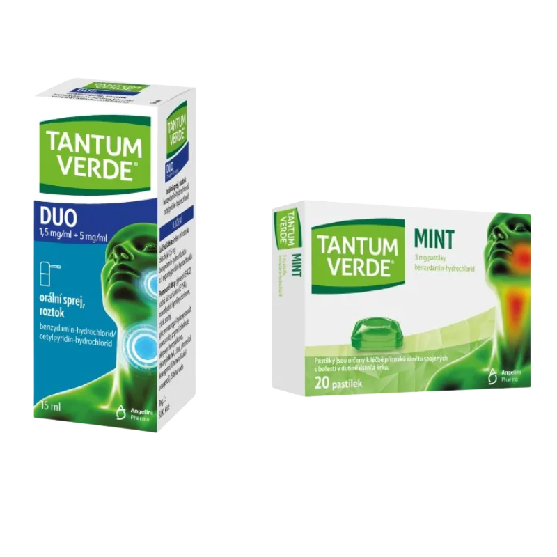 TANTUM VERDE DUO 1,5 mg/ml + 5 mg/ml orální sprej, roztok a Tantum Verde Mint 3mg 20 pastilek 15 ml