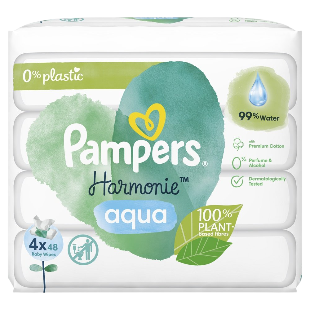PAMPERS Harmonie Aqua vlhčené obrúsky Plastic Free 4 x 48 ks