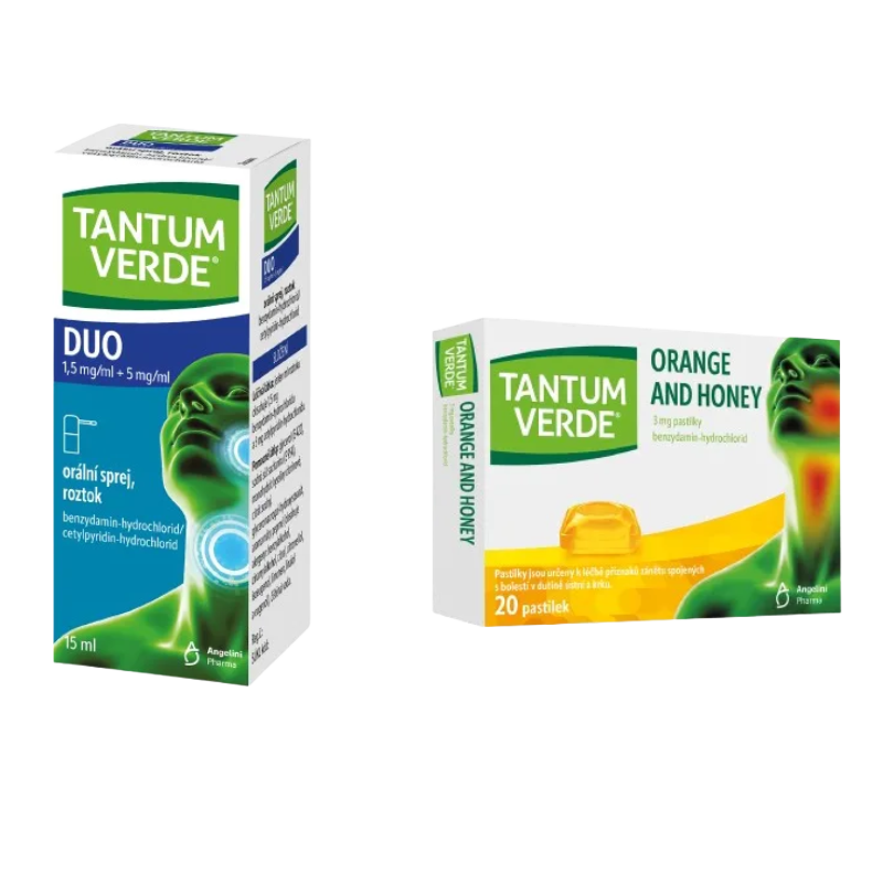 TANTUM VERDE DUO 1,5 mg/ml + 5 mg/ml orální sprej, roztok 15 ml a Tantum Verde Orange and Honey 3 mg 20 pastilek
