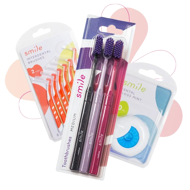 SMILE sada péče o zuby - zubní kartáček medium 3ks, mezizubní kartáčky 0,5mm 6ks a dentální nit máta 50m