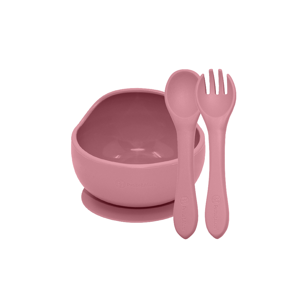 PETITE&MARS Set jídelní silikonový TAKE&MATCH miska + příbor Dusty Rose 6m+ 2 ks