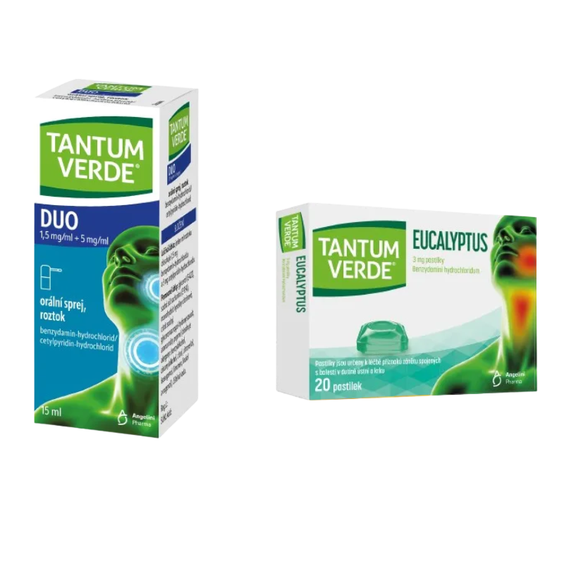 TANTUM VERDE DUO 1,5 mg/ml + 5 mg/ml orální sprej, roztok 15 ml a Tantum Verde Eucalyptus 3 mg 20 pastilek