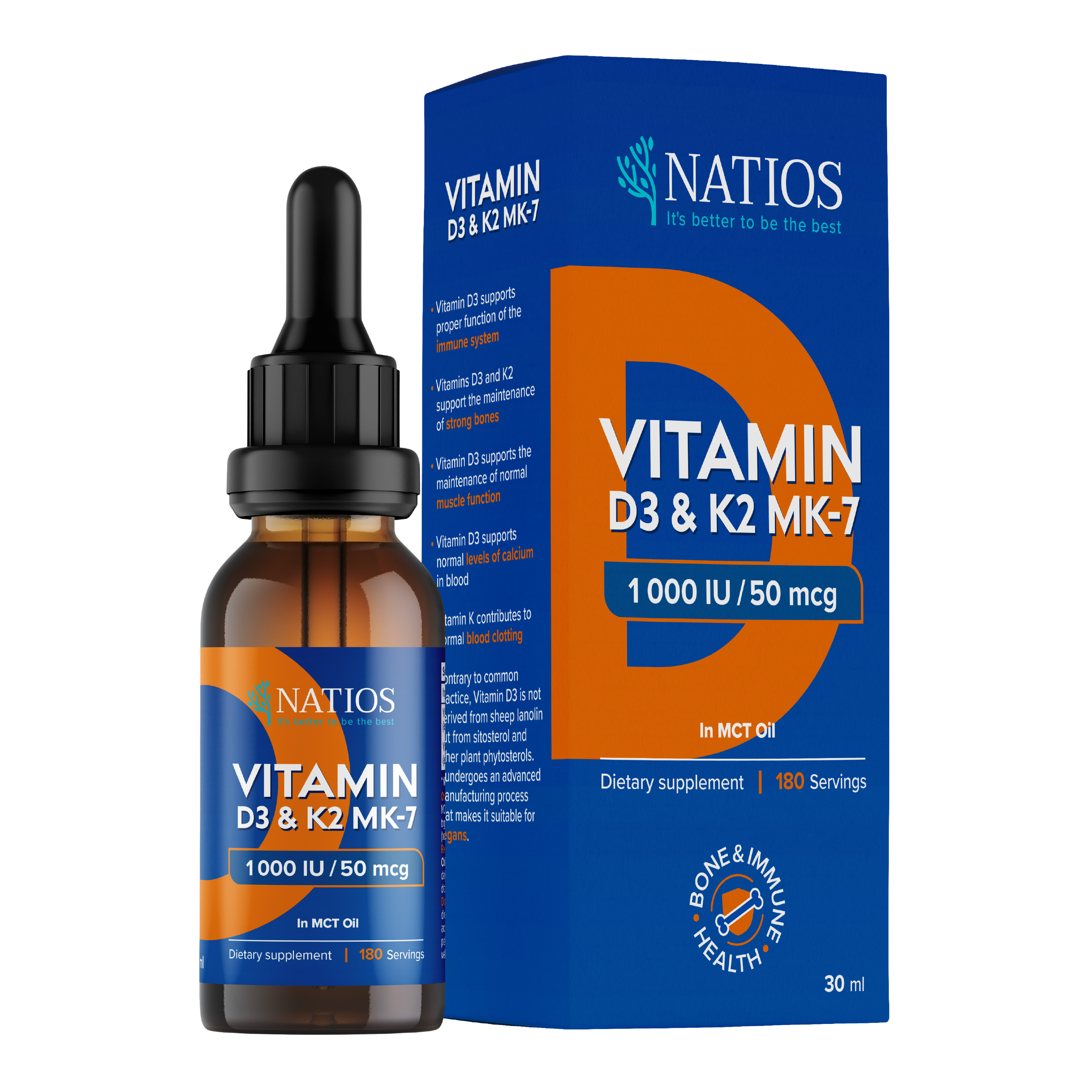 Natios Vegán Vitamín D3 & K2 (MK-7), 1000 IU & 50 mcg, Kvapky v MCT oleji 30 ml