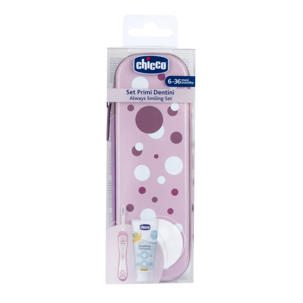 Fotografie CHICCO Set zubní kartáček a pasta v pouzdře Always smiling - lilac, 6m+
