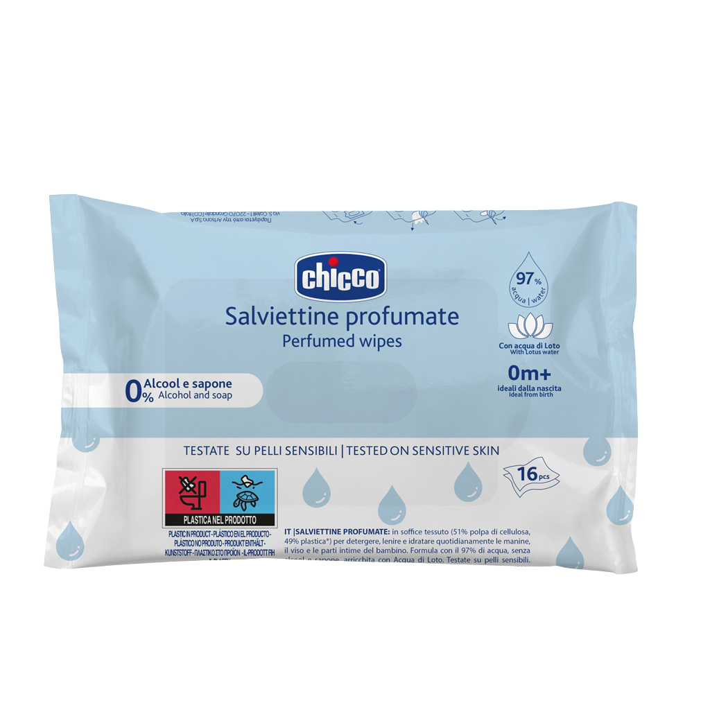 CHICCO Dětské vlhčené ubrousky jemně parfémované do kabelky 16 ks
