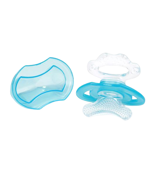 Fotografie BABYONO Kousátko silikonové bez BPA ve tvaru dudlíku s krytem modrá 3m+