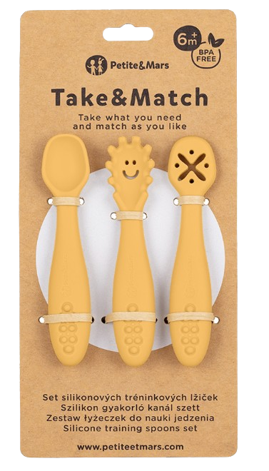 Petite&Mars Set silikonových tréninkových lžiček Take&Match Intense Ochre 6m+ 3 ks