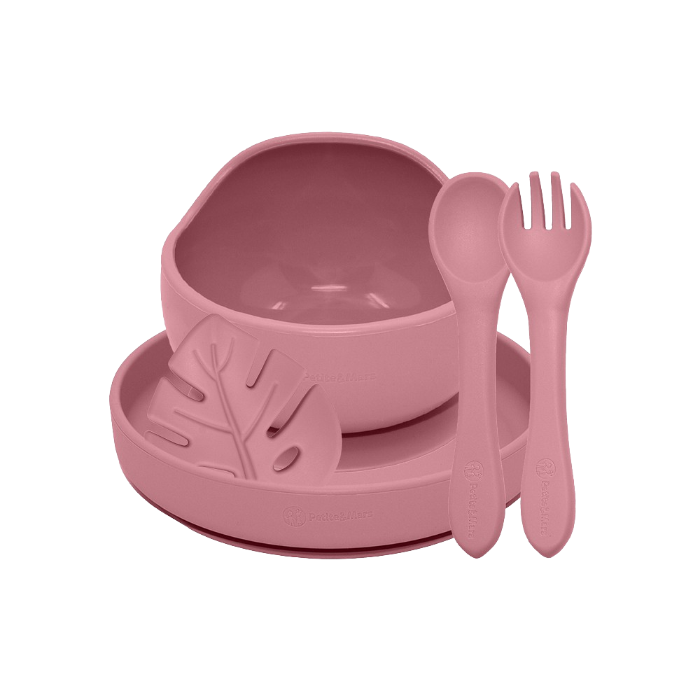 Fotografie PETITE&MARS Set jídelní silikonový TAKE&MATCH, Dusty Rose 6m+, 4 ks
