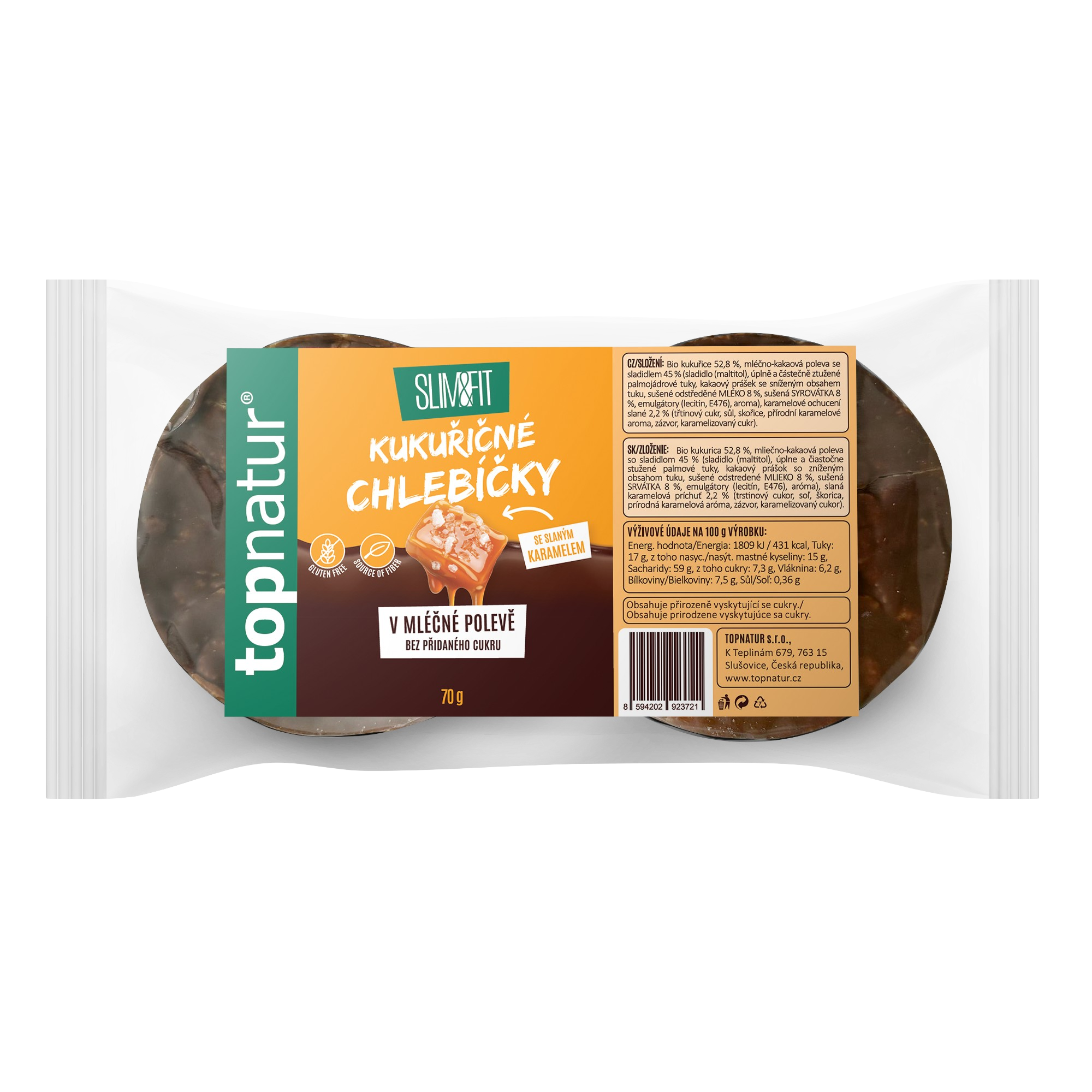 Fotografie TOPNATUR Slim&Fit Kukuřičné chlebíčky se slaným karamelem v mléčné polevě 70 g
