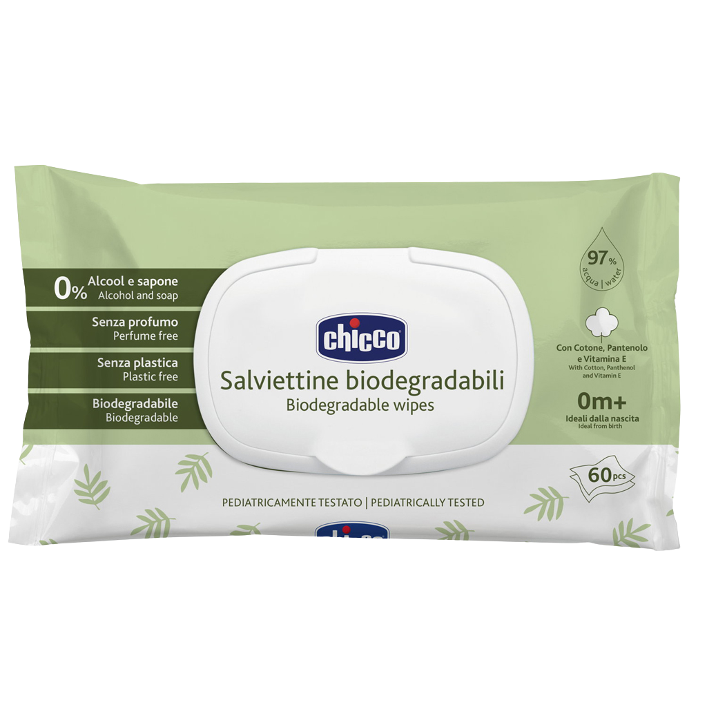 Fotografie CHICCO Dětské vlhčené ubrousky bez obsahu plastů 60 ks