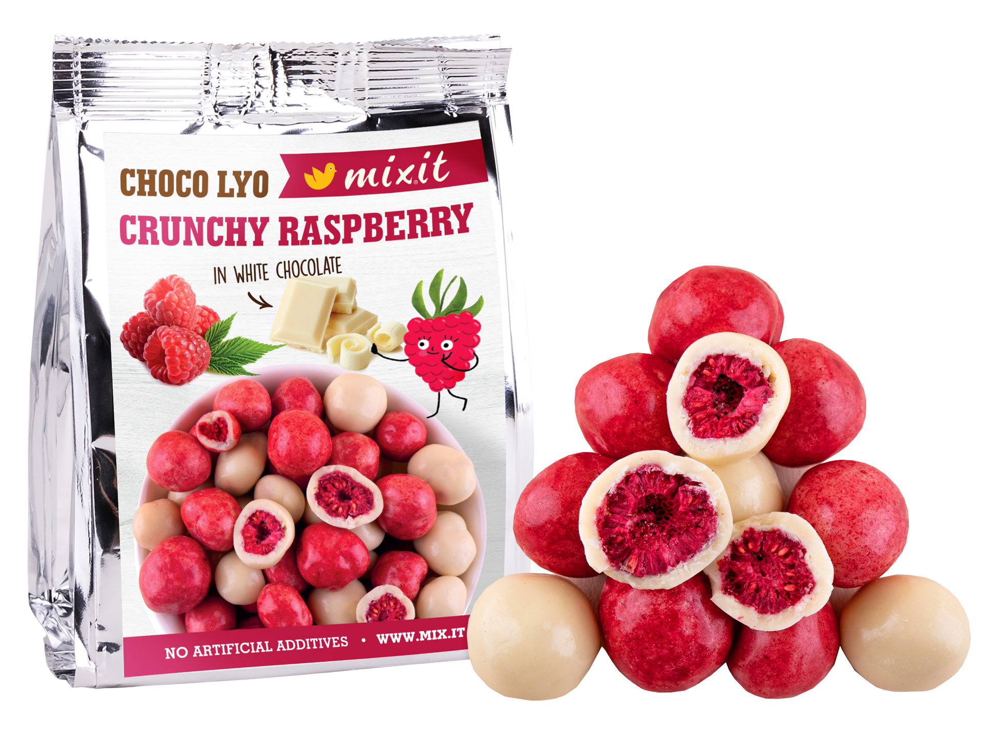 Fotografie MIXIT Křupavé maliny v čokoládě do kapsy 70 g