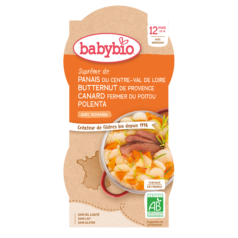 Fotografie BABYBIO Pastinák s máslovou dýní, kachnou a polentou 2x200 g