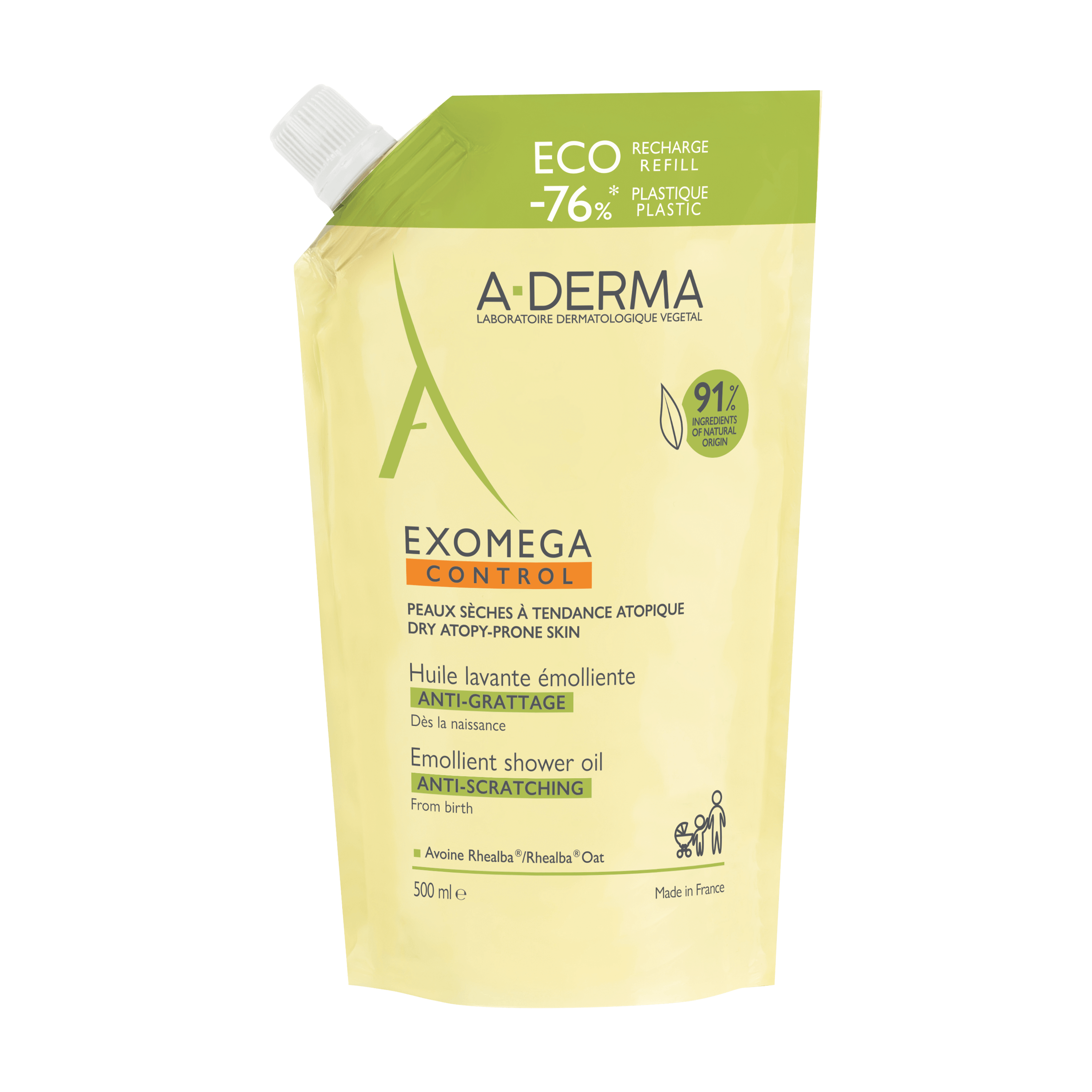 A-Derma Exomega Control zvláčňujúci sprchový olej - recyklovateľná ECO náhradná náplň 500 ml