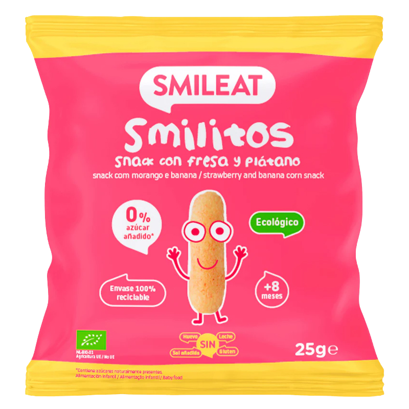 Smileat BIO kukuričné ​​chrumky banán a jahoda s panenským olivovým olejom a vitamínom B1 8M+ 25 g