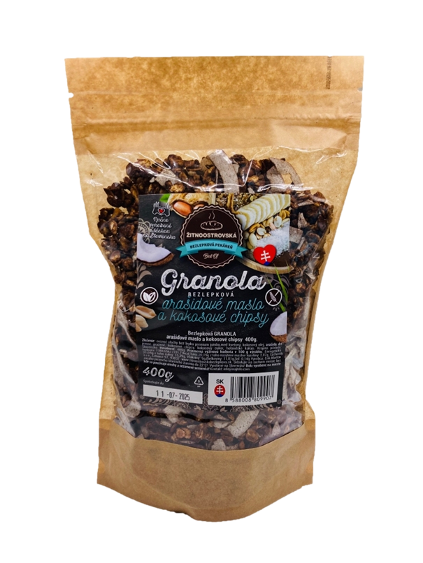 Fotografie ŽITNOOSTROVSKÁ BEZLEPKOVÁ PEKÁREŇ BEST OF Granola arašidy-kokosové chipsy 400 g