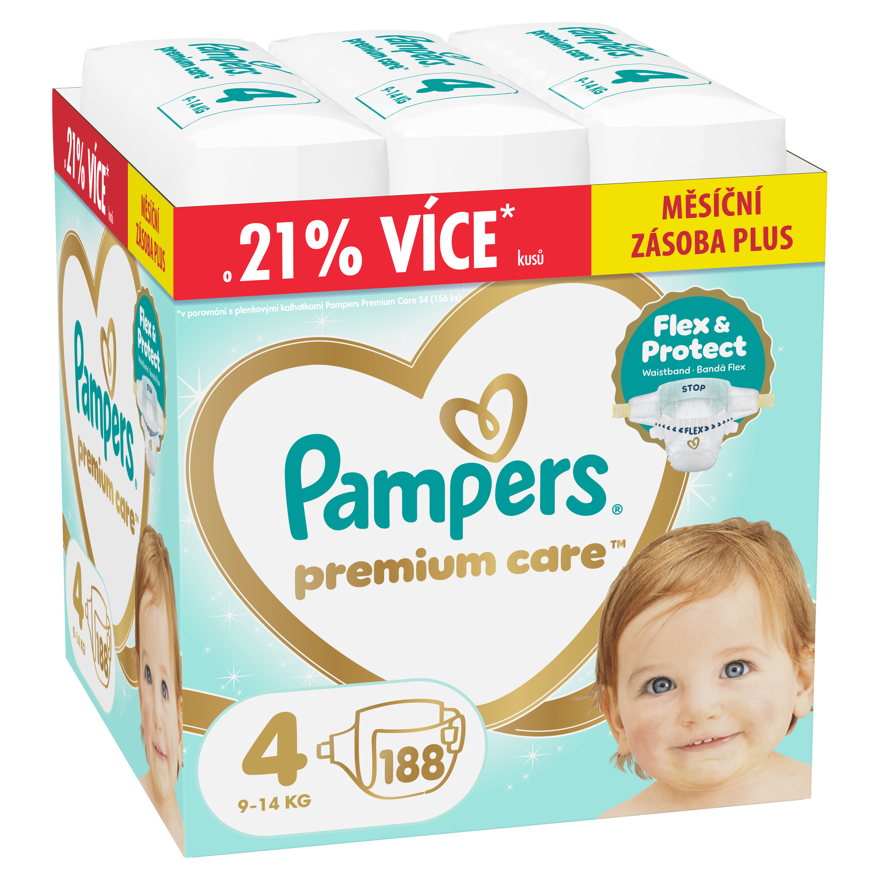 Fotografie PAMPERS Premium Care Velikost 4, 9kg-14kg 188 ks