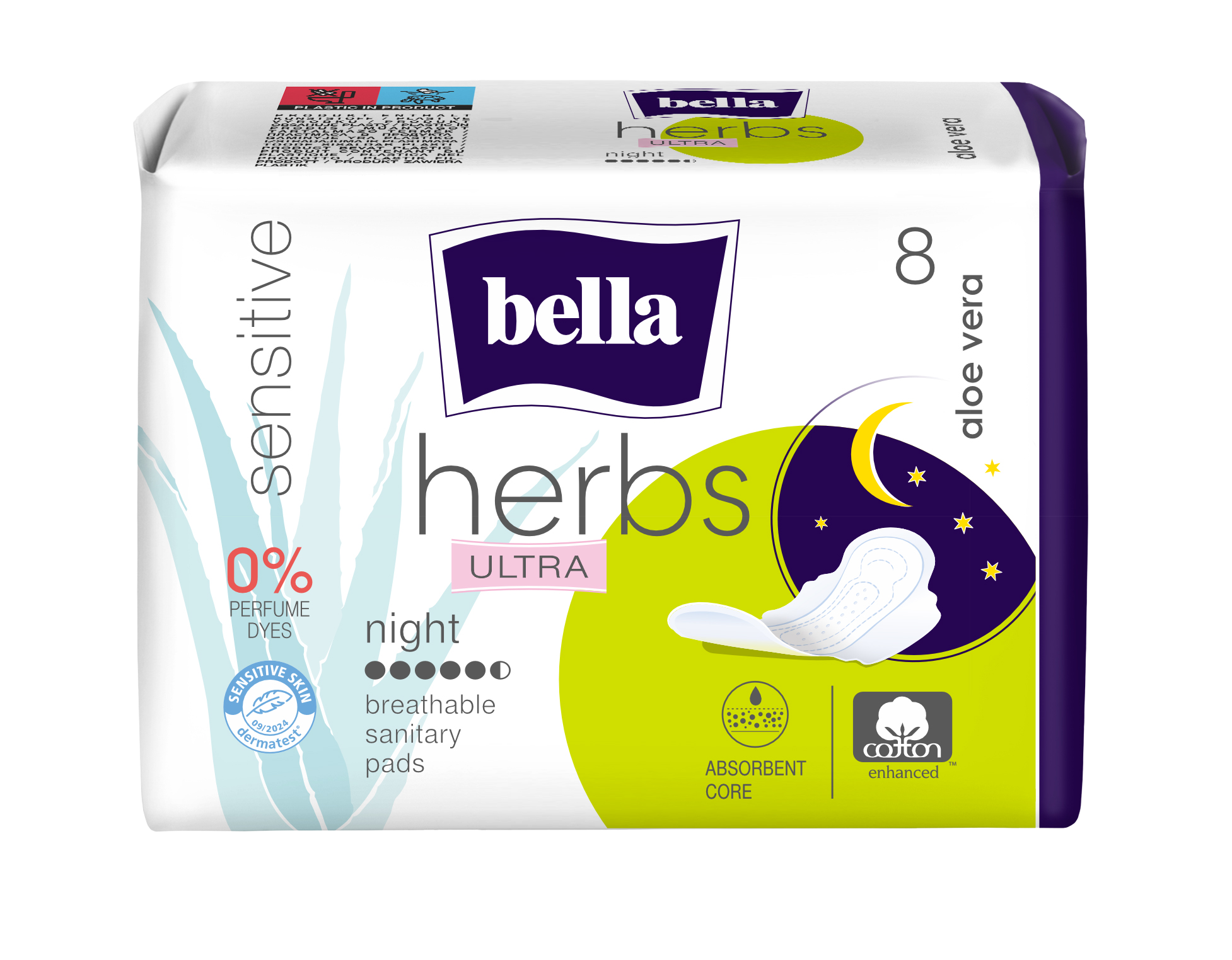 Fotografie BELLA Herbs Ultra Night noční menstruační vložky Aloe vera 8 ks