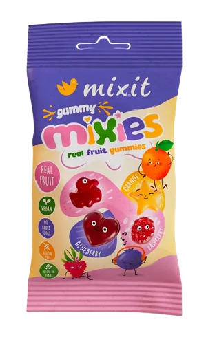 Fotografie MIXIT Ovocné Mixies – Malina, borůvka, pomeranč – přírodní želé bonbóny 35 g