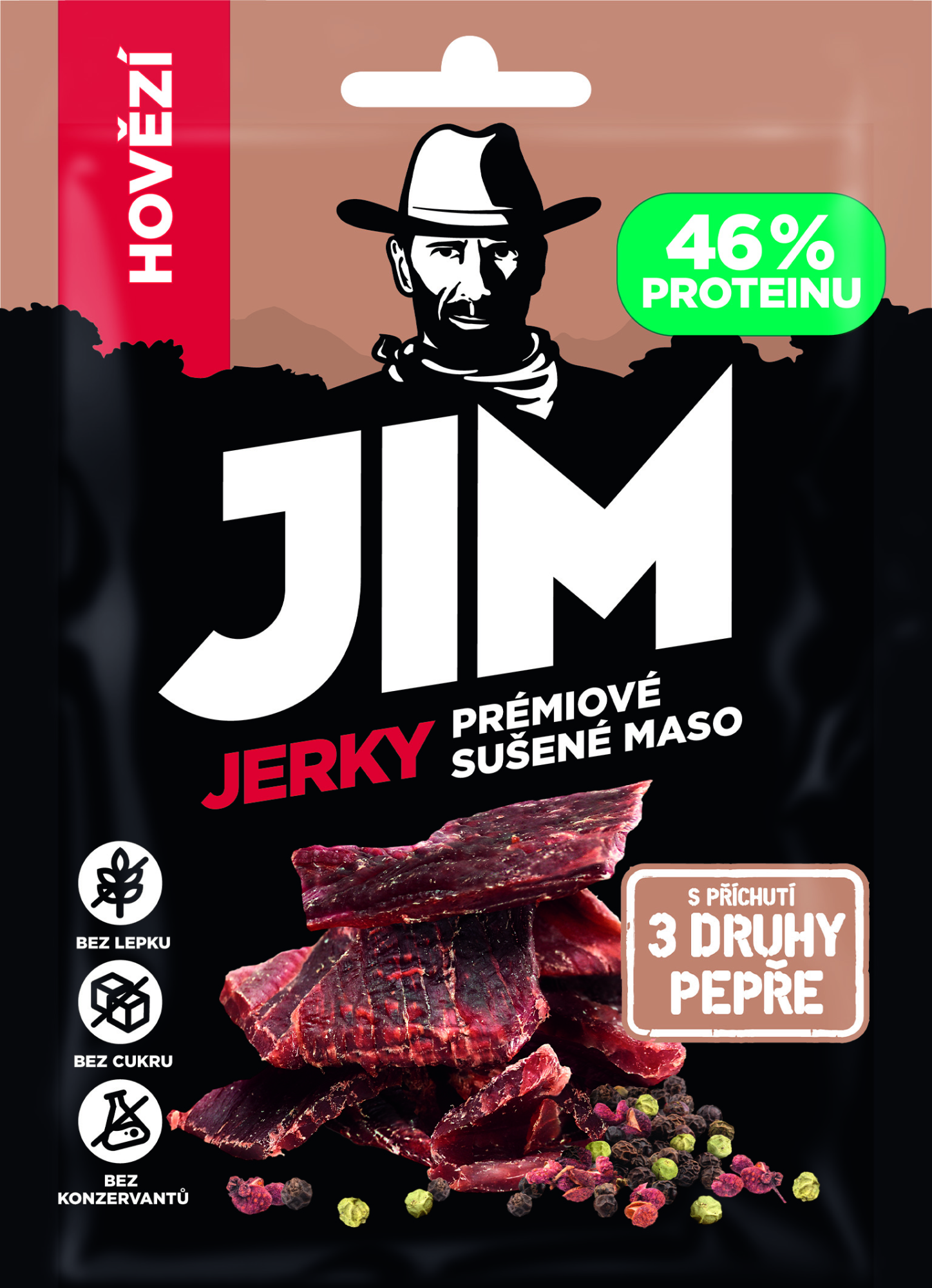 JIM JERKY Sušené hovězí maso, 3 druhy pepře 23 g