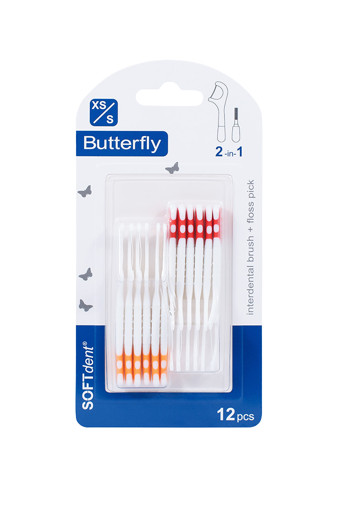 SOFTDENT Butterfly 2v1 Mezizubní kartáček + párátko 12 ks