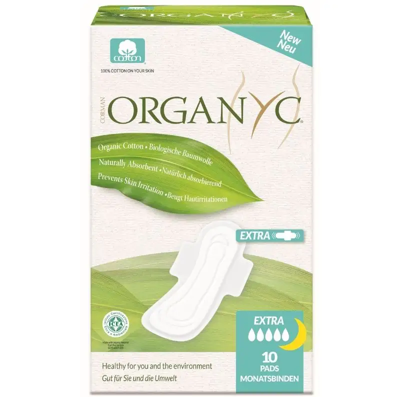 ORGANYC Noční vložky s křidélky extra silné prodloužené z biobavlny 10 ks