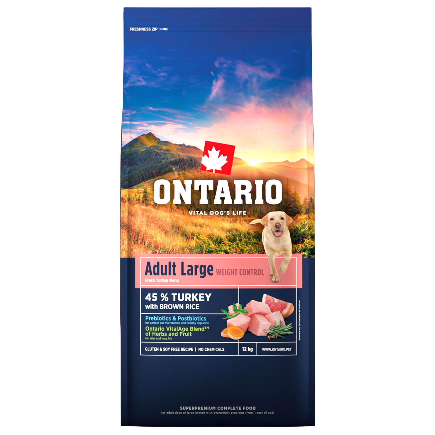 ONTARIO Krmivo Large Weight Control Turkey & Brown Rice 12 kg